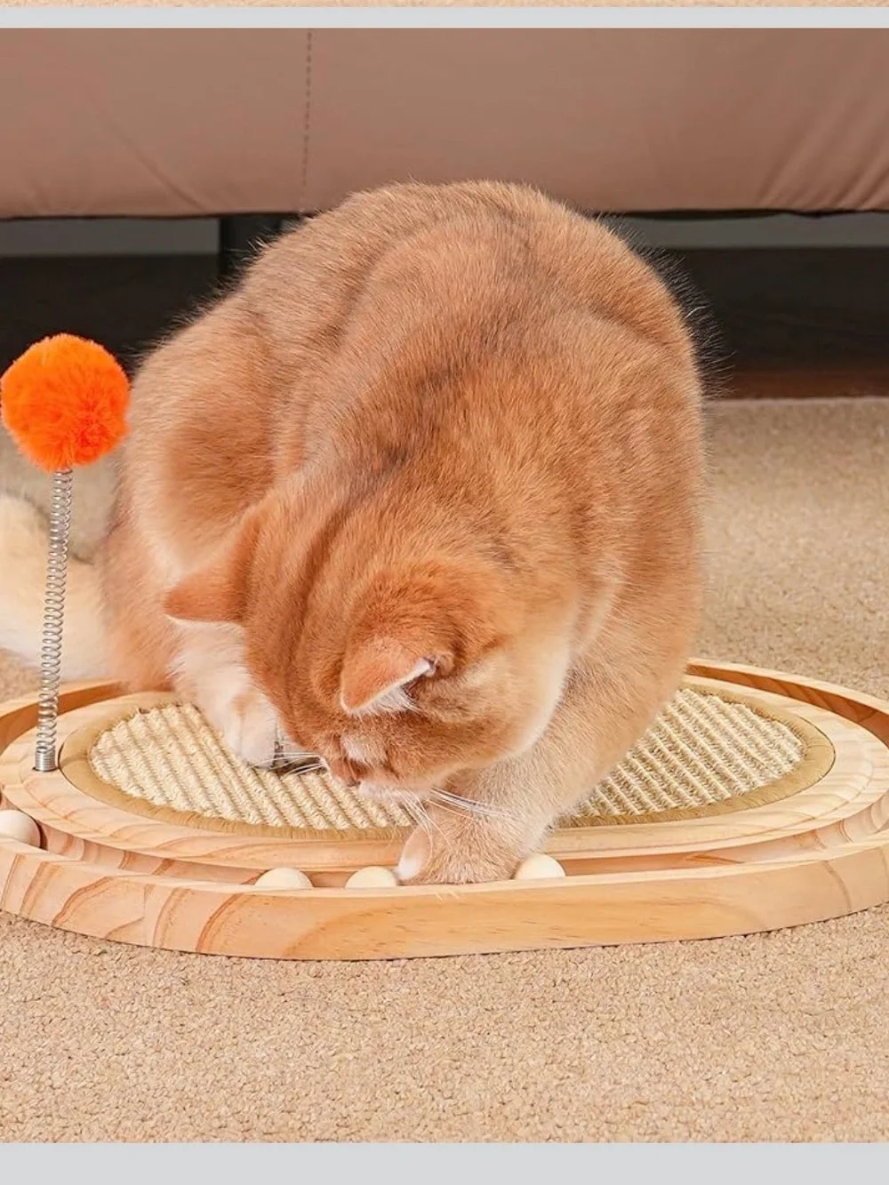 Cat Scratching Pad with Orange Pom Pom Toy - Plush Interactive Cat Toy